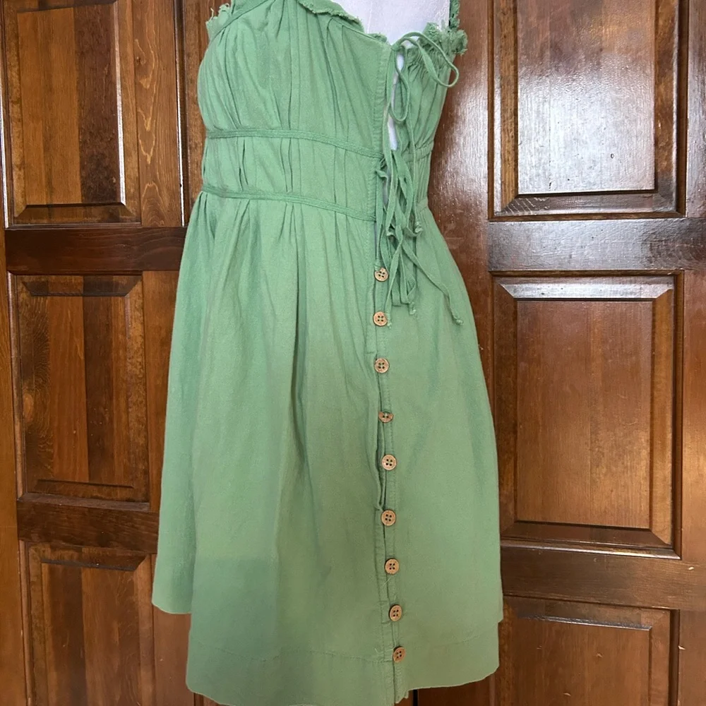 Free People Green Cotton Sundress Women’s Small Ruffle Strap‎ Button Side Boho
